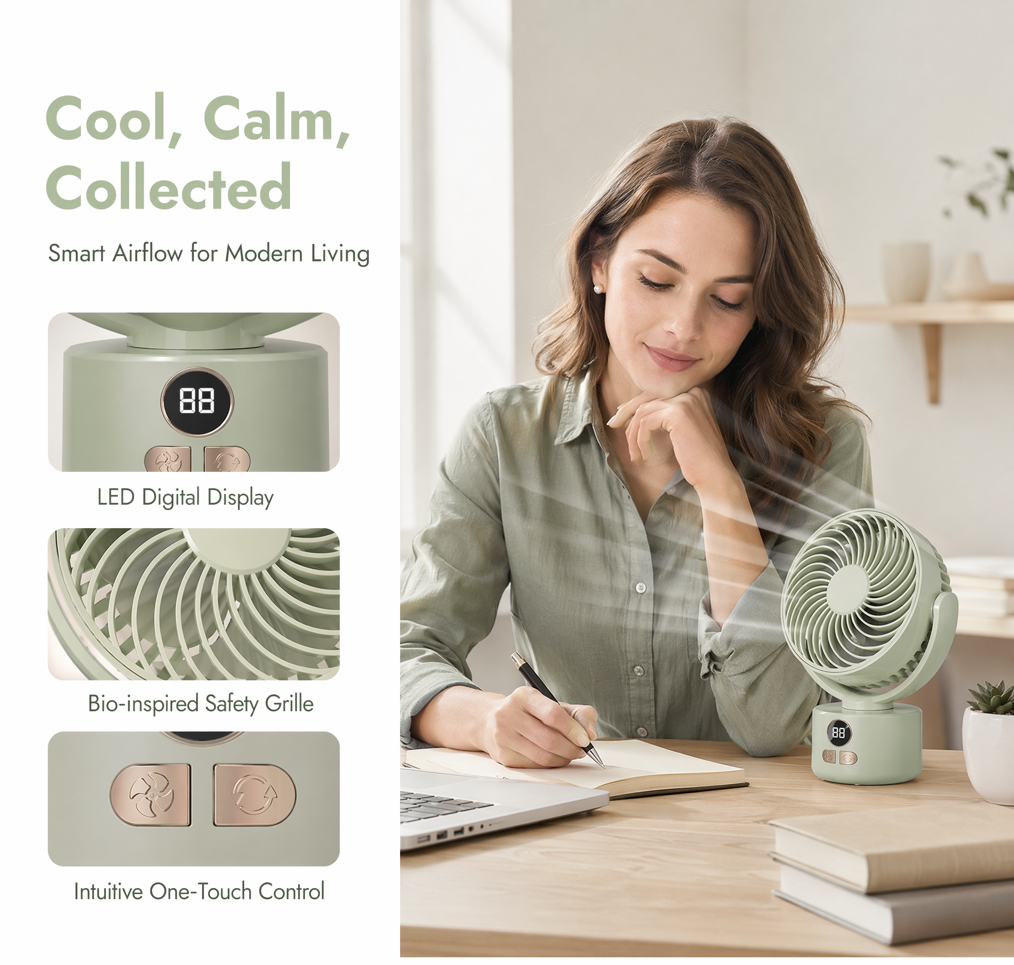 Portable Rechargeable Desktop Fan with LED Display, Quiet USB Table Fan, Adjustable Angle for Home & Office