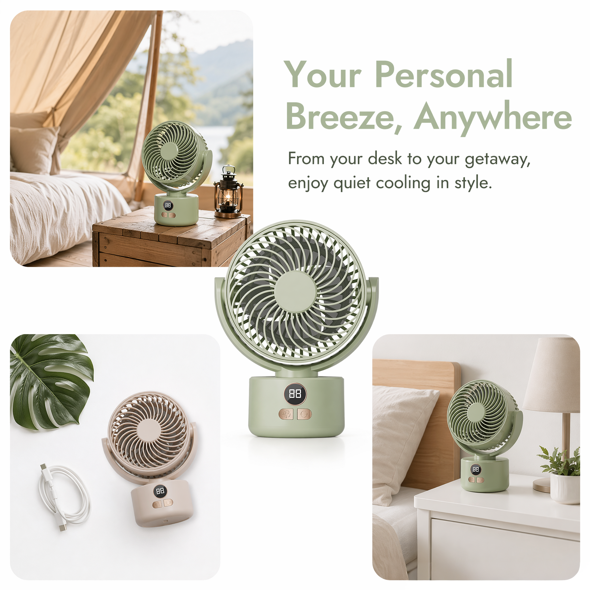 Portable Rechargeable Desktop Fan with LED Display, Quiet USB Table Fan, Adjustable Angle for Home & Office