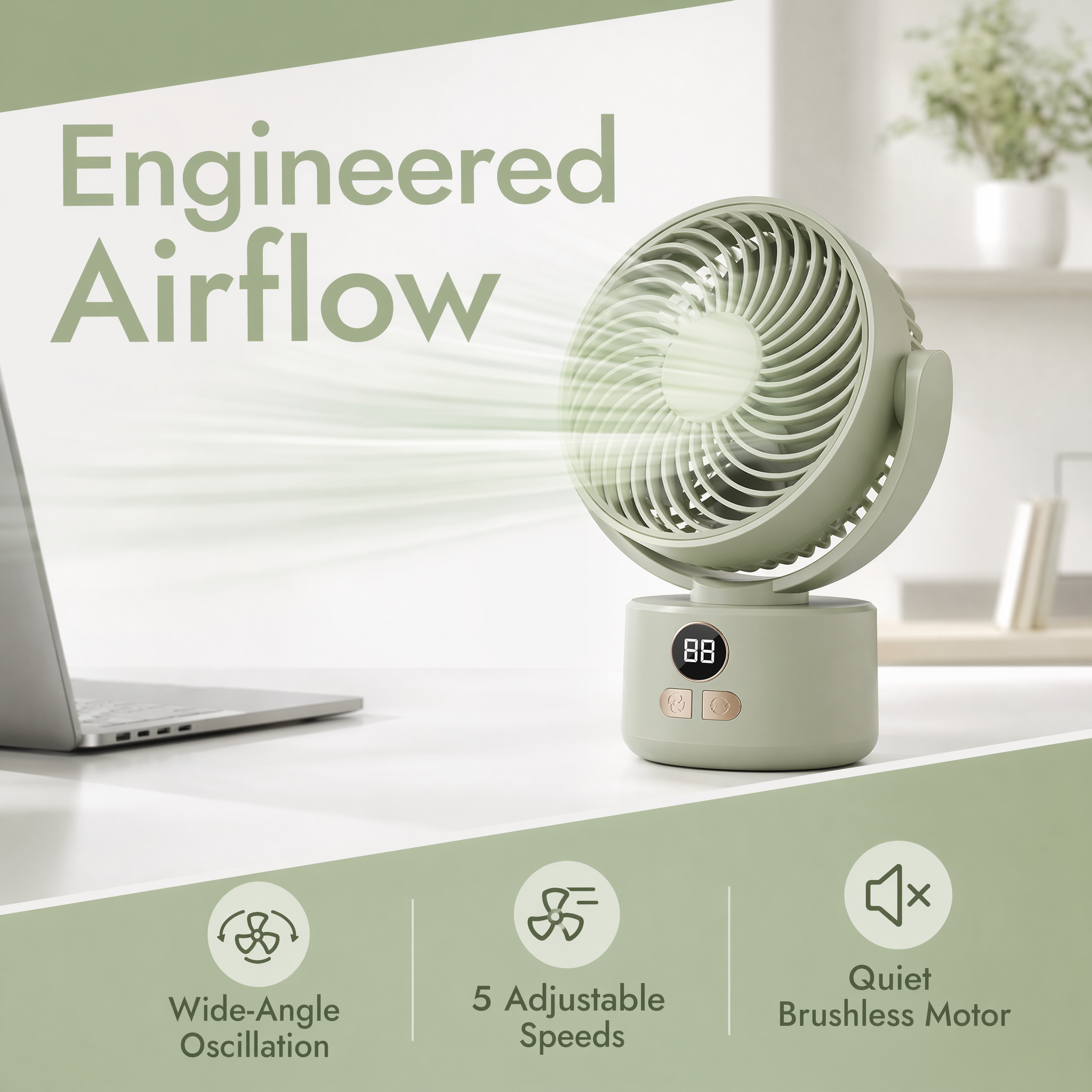 Portable Rechargeable Desktop Fan with LED Display, Quiet USB Table Fan, Adjustable Angle for Home & Office